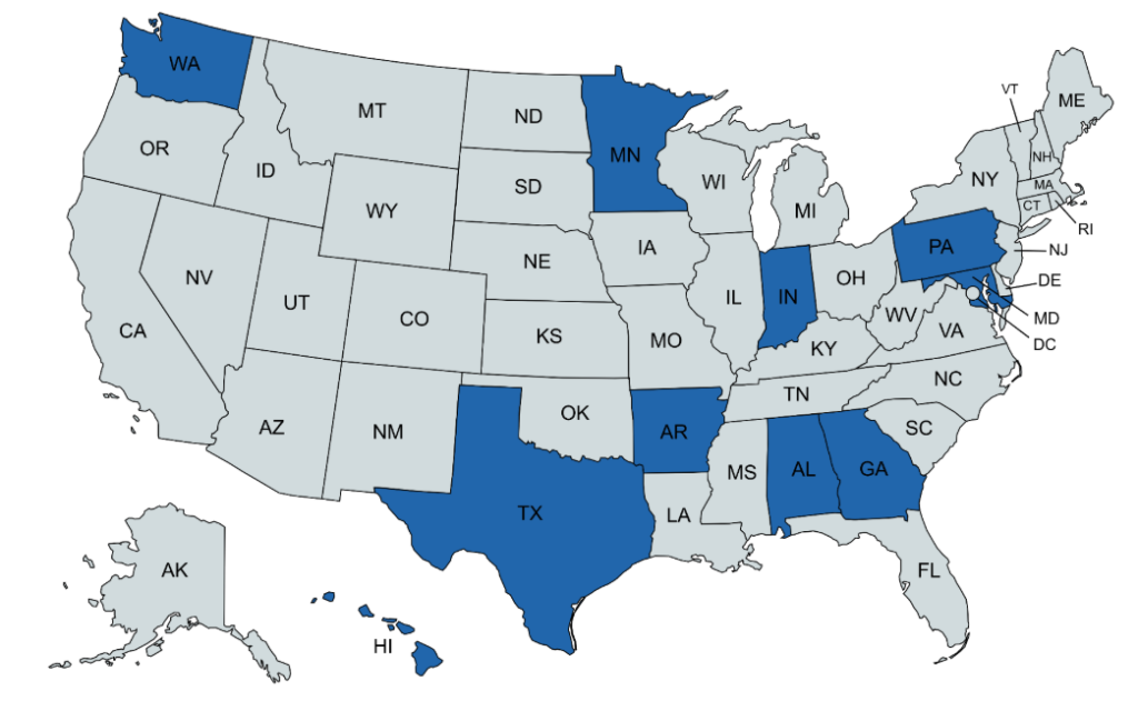 Map of states with Texas, Arkansas, Alabama, Georgia, Indiana, Minnesota and Pennsylvania highligted